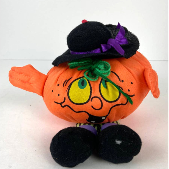 Pumpkin Jack o Lantern Plush Hat Dangle Legs Halloween Decor 7" Nylon Flawed - Picture 1 of 6